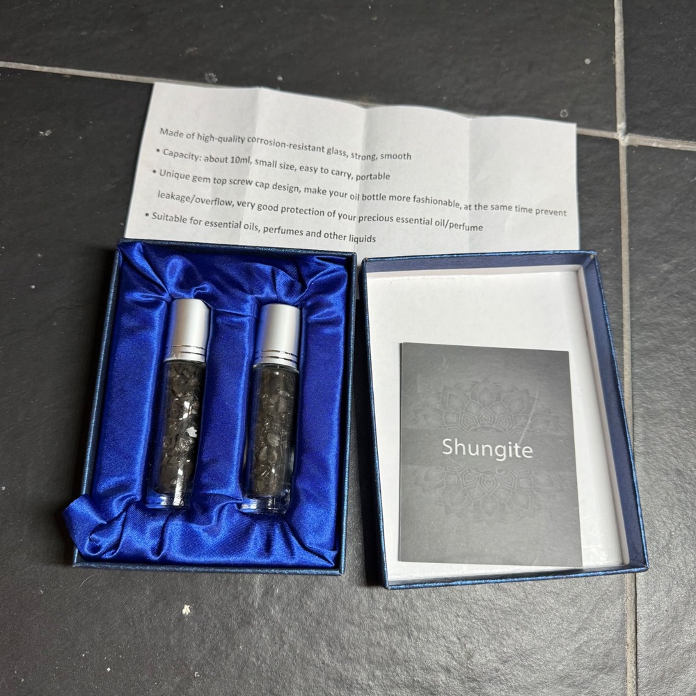 Shungite Crystal Chip Glass Roller Bottles Set of 2 Essential Oil Perfume 10ml